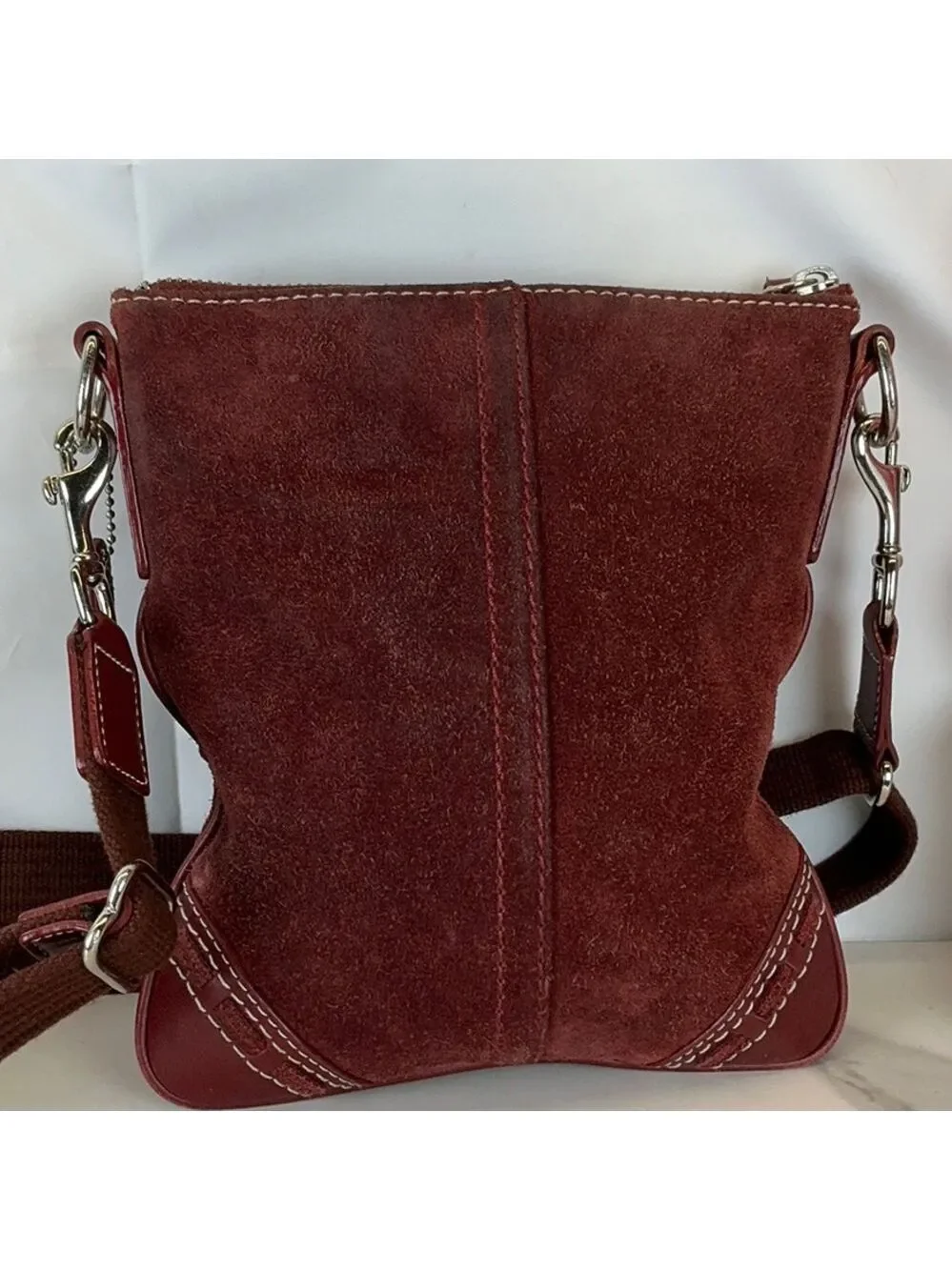 Coach Y2K Vintage Red Burgundy Suede‎ Shoulder Crossbody Messenger Bag